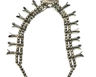 Vintage Navajo Squash Blossom Silver & Turquoise Necklace Native American SIGNED 25in Long Naja: 3.1x2.35in