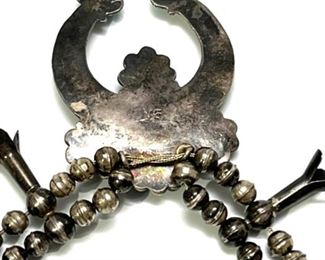 Vintage Navajo Squash Blossom Silver & Turquoise Necklace Native American SIGNED 25in Long Naja: 3.1x2.35in