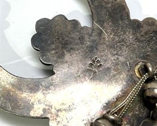 Vintage Navajo Squash Blossom Silver & Turquoise Necklace Native American SIGNED 25in Long Naja: 3.1x2.35in