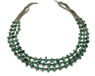 Vintage Navajo 3-Strand Silver Bead & Turquoise Chunk Necklace 23in Long