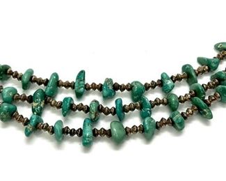Vintage Navajo 3-Strand Silver Bead & Turquoise Chunk Necklace 23in Long