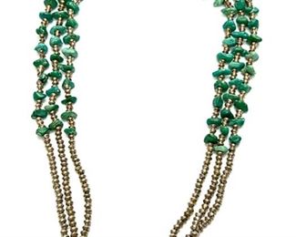 Vintage Navajo 3-Strand Silver Bead & Turquoise Chunk Necklace 23in Long