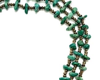 Vintage Navajo 3-Strand Silver Bead & Turquoise Chunk Necklace 23in Long