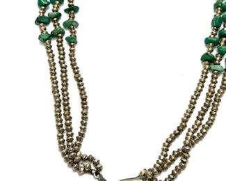 Vintage Navajo 3-Strand Silver Bead & Turquoise Chunk Necklace 23in Long