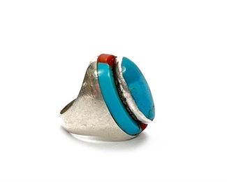 Vintage Navajo Silver, Turquoise, & Coral Ring Native American Size: 10.5 Centerpiece: 1.15x7.55in