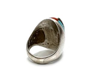 Vintage Navajo Silver, Turquoise, & Coral Ring Native American Size: 10.5 Centerpiece: 1.15x7.55in