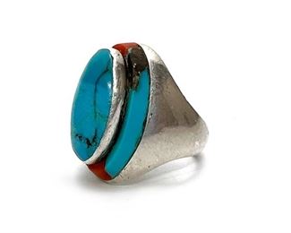 Vintage Navajo Silver, Turquoise, & Coral Ring Native American Size: 10.5 Centerpiece: 1.15x7.55in