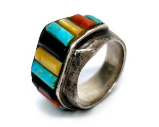 Vintage Native American Multi Gemstone Ring Loloma Style Size: 11.75 Centerpiece: 0.65x1.2in