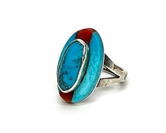 Vintage Navajo Silver, Turquoise, & Coral Ring Native American Small Size: 7 Centerpiece: 0.985x0.545in