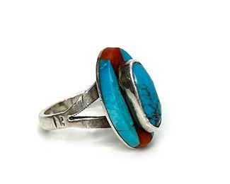 Vintage Navajo Silver, Turquoise, & Coral Ring Native American Small Size: 7 Centerpiece: 0.985x0.545in