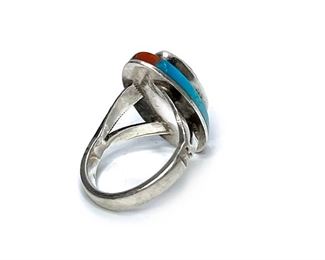 Vintage Navajo Silver, Turquoise, & Coral Ring Native American Small Size: 7 Centerpiece: 0.985x0.545in