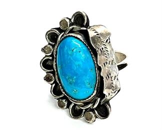Vintage Native American Silver & Turquoise Ring Signed KT Size: 6 Centerpiece: 1.14x0.835in