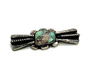 Vintage Native American Silver & Turquoise Brooch Pin Signed 0.7x2in