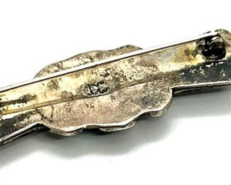 Vintage Native American Silver & Turquoise Brooch Pin Signed 0.7x2in