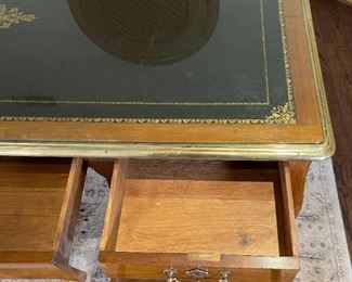 Antique Leather Top Brass Trim Writing Desk 30.5x71x36in HxWxD