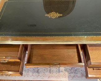 Antique Leather Top Brass Trim Writing Desk 30.5x71x36in HxWxD