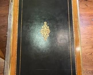 Antique Leather Top Brass Trim Writing Desk 30.5x71x36in HxWxD