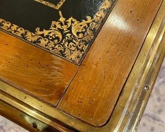 Antique Leather Top Brass Trim Writing Desk 30.5x71x36in HxWxD