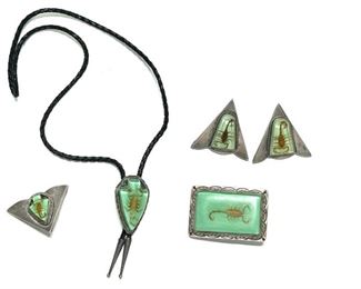 5pc Vintage Southwest Sterling Silver REAL Scorpion Ranger Set Bolo Tie, Belt Buckle, Belt Tip, Collar Tips Cowboy Buckle: Takes up to 1.5in Belt 3x3in