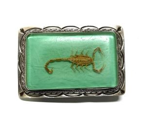 5pc Vintage Southwest Sterling Silver REAL Scorpion Ranger Set Bolo Tie, Belt Buckle, Belt Tip, Collar Tips Cowboy Buckle: Takes up to 1.5in Belt 3x3in