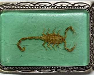 5pc Vintage Southwest Sterling Silver REAL Scorpion Ranger Set Bolo Tie, Belt Buckle, Belt Tip, Collar Tips Cowboy Buckle: Takes up to 1.5in Belt 3x3in