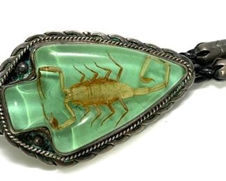 5pc Vintage Southwest Sterling Silver REAL Scorpion Ranger Set Bolo Tie, Belt Buckle, Belt Tip, Collar Tips Cowboy Buckle: Takes up to 1.5in Belt 3x3in