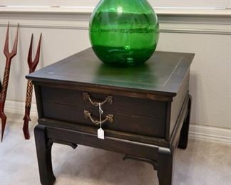 Nice end table and gorgeous green glass vase