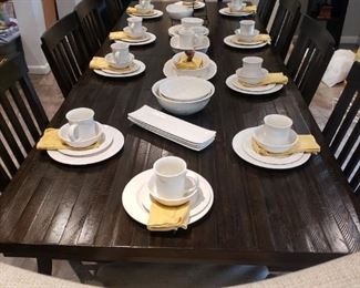 Beautiful Farm Style Dining Table with 8 Wooden  Chairs and 2 Bonus Cloth Chairs 