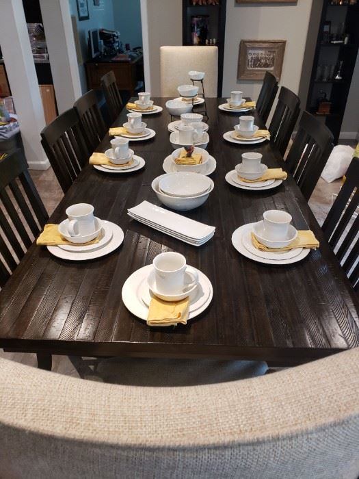 Beautiful Farm Style Dining Table with 8 Wooden  Chairs and 2 Bonus Cloth Chairs 
