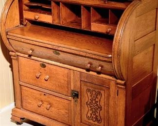 Vintage Oak roll top desk (all the way up in the artist studio!) $285 or bid #88