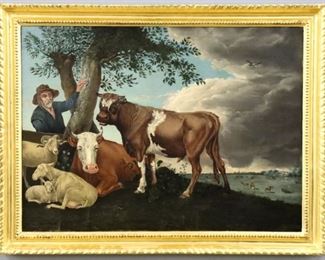 After Paulus Potter, Dutch, 1625-1654. A 19th century oil on canvas reproduction of Potter's "The Young Bull" (1647). Depicts an older farmer leaning against a tree with a bull and other livestock while cattle grazes in the distance. Detroit Institute of Art donation label verso. Unsigned, canvas lined with two vertical cracks, one crack with corner lifting lower left, some craquelure and surface grunge. Image 23 1/4 x 17" high, in a Gilded wood and gesso frame, 26 3/4 x 20 1/2" high overall. ESTIMATE $400-600