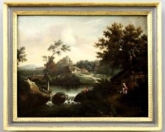 A 19th century English oil on canvas rural landscape. Depicts a family playing at a country home on the banks of a river dam, with an ancient stone bridge, thatched cottages and hilltop village in the distance. Detroit Institute of Arts donation label verso. Unsigned, some craquelure and surface grunge, sky above trees with underpainted leaves visible likely due to prior cleaning. Image 25 1/2 x 20" high, in a Gilded wood and gesso frame with some wear, 30 1/4 x 24 3/4" high overall. ESTIMATE $600-800