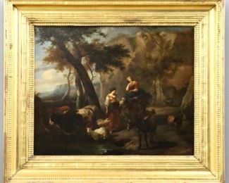 After Nicholaes Pietersz Berchem, Dutch, 1620-1683. A 19th century oil on canvas landscape, depicting two women pausing at a brook while they shepherd livestock down a mountain pass. Note with artist bio and Detroit Institute of Arts donation label verso. Unsigned, light craquelure and some surface grunge. Image 23 1/2 x 19" high, in a Gilded wood and gesso frame with some wear, 32 x 27 1/2" high overall. ESTIMATE $600-800
