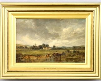 After Alfred Vickers, British, 1786-1868. A mid 19th century oil on canvas landscape, depicting a farmer with drawn wagon and family beside a riverbank with a small village in the distance. Detroit Institute of Arts donation label verso. Unsigned, some surface grunge and craquelure. Image 13 1/2 x 8 1/2" high, in a contemporary Gilded wood frame with artist name, 19 1/2 x 14 1/2" high overall. ESTIMATE $300-400