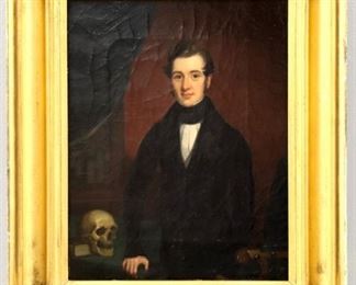 A 19th century American School oil on canvas portrait. Depicts "B. Hubberg" before a Victorian bookcase, his hand resting on a table with book and skull. Annotated and dated "1838" verso. Unsigned, craquelure and some surface grunge, minor flaking at edges. Image 10 x 12 1/2" high, in a Gilded wood and gesso frame with some damage, 14 3/4 x 17 1/2" high overall. ESTIMATE $200-400