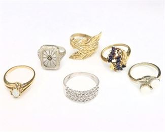 Six 14k White and Yellow Gold rings with Opal, Sapphire, etched Quartz, Pearl and Diamond accents. Impressed marks. 19.0 grams total weight. Some wear, Art Deco Quartz ring with damage, Pearl ring missing Diamond chips. Sizes 6 to 9 3/4. ESTIMATE $400-600