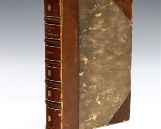 Jonathan Carver, "Travels Through the Interior Parts of North-America, in the Years 1766, 1767, and 1768". First Edition, 8vo (5 x 7 3/4" high), 543pp, Printed for the Author and Sold by J. Walter and S. Crowder, London, 1778. With two copper-engraved maps and four copper-engraved plates, three having hand-coloring. Rebound with half brown morocco over marbled paper boards, tooled spine with Gilt lettering. Wear commensurate with age, some foxing, handwritten bookplate and notes at title page and inside cover, overall good condition. 5 3/4 x 8" high overall. ESTIMATE $800-1,200