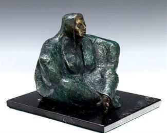 Francisco Zuniga, Costa Rican/Mexican, 1912-1998. A 20th century patinated Bronze figure, titled "Mujer Sentada con Rebozo". Depicts a robed woman seated with legs crossed, on a rectangular Black marble base. Incised "Zuniga" signature and numbered "VI" at sculpture verso near base. Minor wear, base with small chip at corner. Sculpture is 8 3/4" high, on a 9 1/4 x 11 1/2 x 1" high base. ESTIMATE $600-800