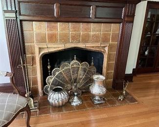 vintage brass fan screen, fireplace tools