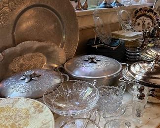 various aluminum, crystal, silver plate serving pieces and tabletop items