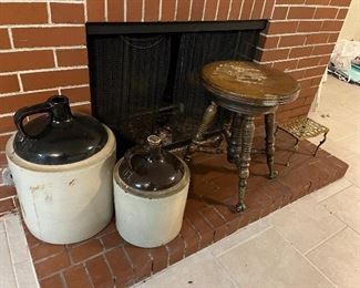 vintage crocks, piano stool on ball & claw feet