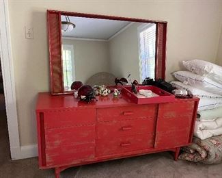 a Kent Coffey MCM dresser and mirror in a fun painted finish