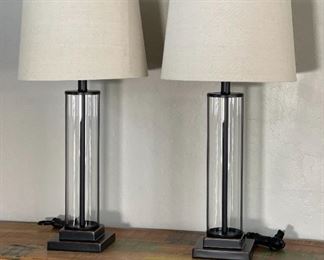 2pc Bronze & Glass Cylinder Table Lamps PAIR Uttermost 29in H x 14 in dia