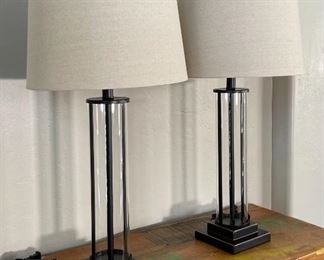 2pc Bronze & Glass Cylinder Table Lamps PAIR Uttermost 29in H x 14 in dia