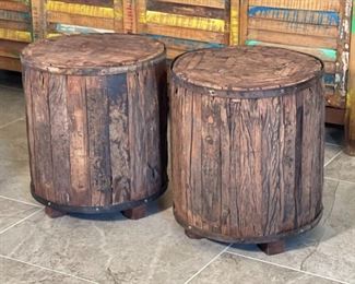 2pc Rustic Reclaimed Wood Barrel/Drum End Tables Distressed 18.5in H x 16.5 in Diameter