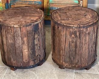 2pc Rustic Reclaimed Wood Barrel/Drum End Tables Distressed 18.5in H x 16.5 in Diameter