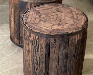 2pc Rustic Reclaimed Wood Barrel/Drum End Tables Distressed 18.5in H x 16.5 in Diameter