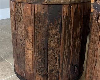 2pc Rustic Reclaimed Wood Barrel/Drum End Tables Distressed 18.5in H x 16.5 in Diameter