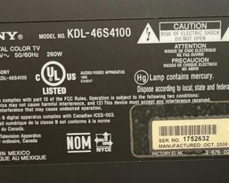 Sony 46in 1080p LCD TV KDL-46S4100 TV 31 x 44.5 x 12in HxWxD