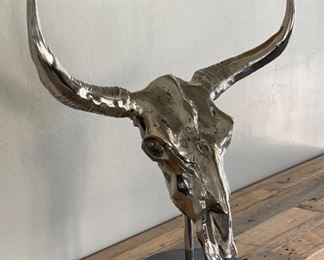 Polished Aluminum Steer Skull on Stand Cow Head Horns 27 x 26 x 10in HxWxD